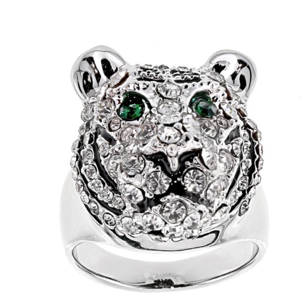 Enamel and white crystal silver tone ring. Green crystal eyes